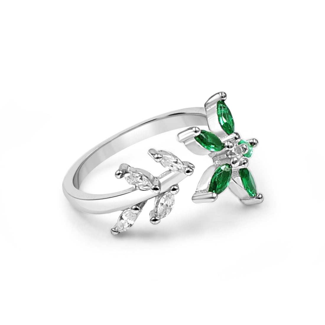 925 Silver Flower Ring with Green American Diamond (RR1032)