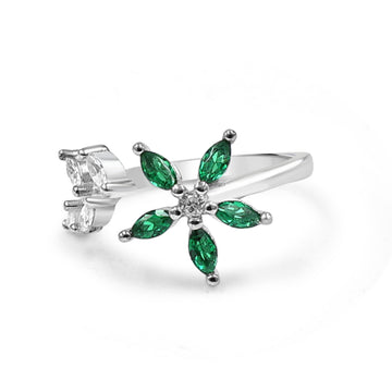925 Silver Flower Ring with Green American Diamond (RR1032)