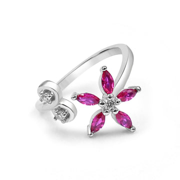 925 Silver Flower Ring with 5 Red American Diamonds (RR1034)