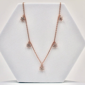 925 Silver Rose Gold Mini Necklace with 5 American Diamond Flower Hangings
